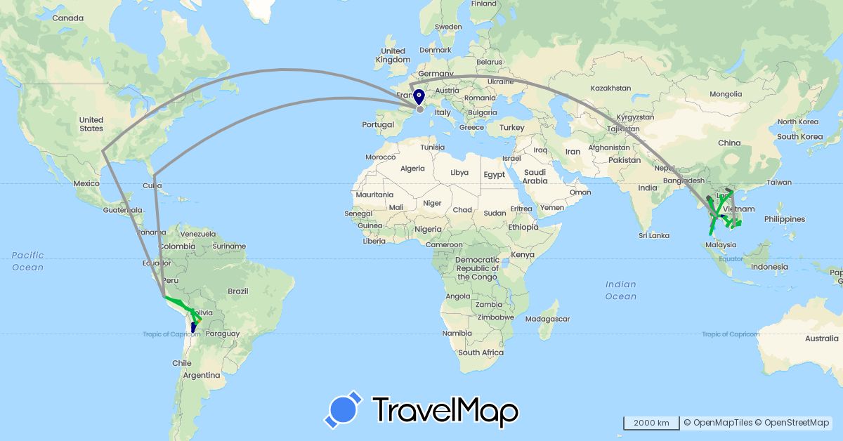 TravelMap itinerary: driving, bus, plane, cycling, train, boat, hitchhiking, motorbike in Bolivia, France, Cambodia, Laos, Peru, Thailand, United States, Vietnam (Asia, Europe, North America, South America)