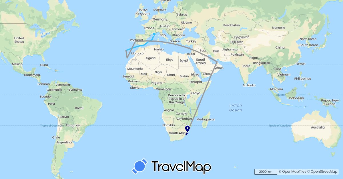 TravelMap itinerary: driving, plane, boat in United Arab Emirates, Spain, France, Gibraltar, Portugal, South Africa (Africa, Asia, Europe)
